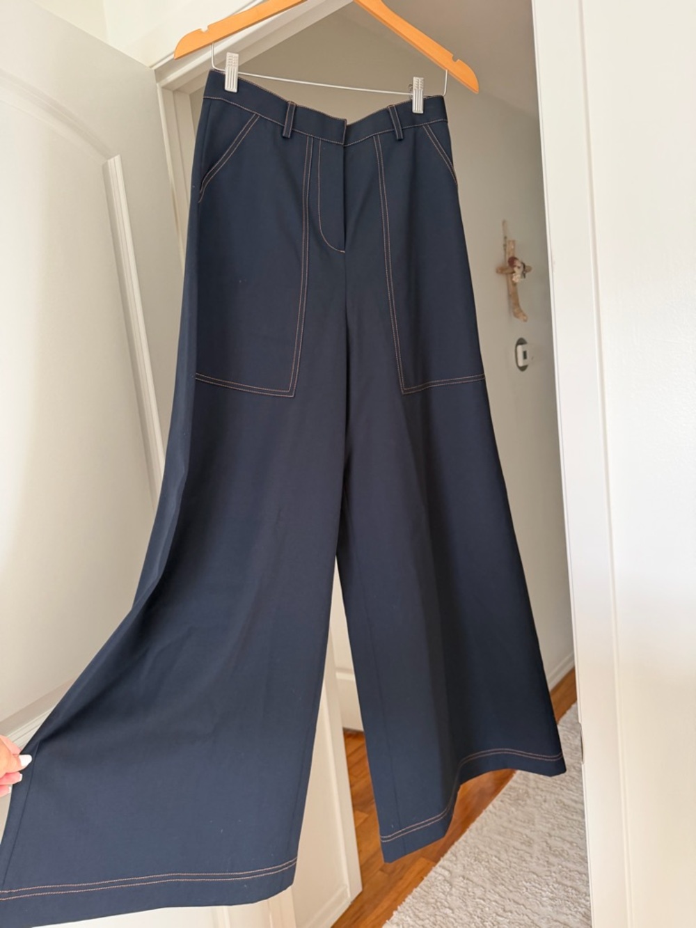 LILYSILK x Elizabeth Stewart Wide Leg Contrast Stitch Pants Navy Size 8